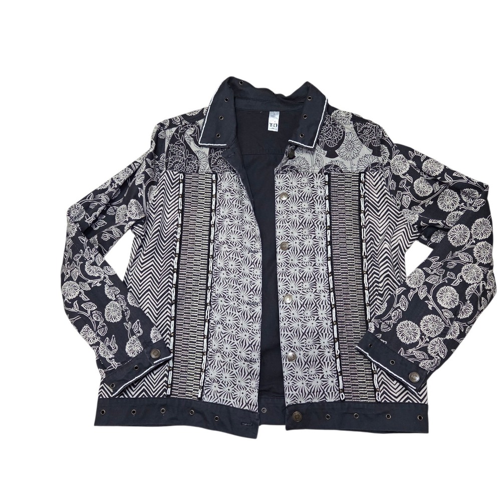 Thomas & Olivia Womens Patchwork Jacket L Black White‎ Beaded Lagenlook Eclectic
